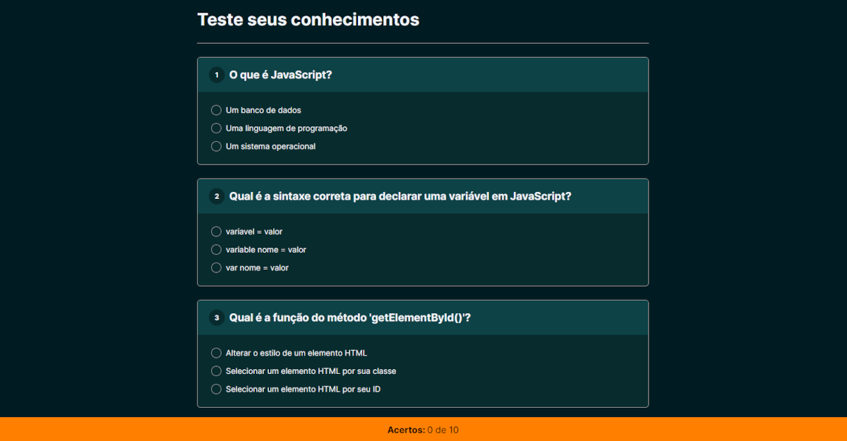 Projeto de um questionário sobre JavaScrip